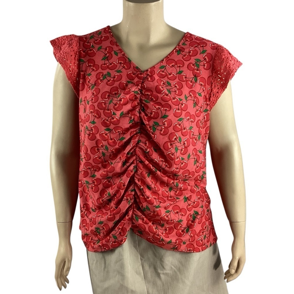 Cato Red Cherry Print Ruched Front Top Size 18/20W